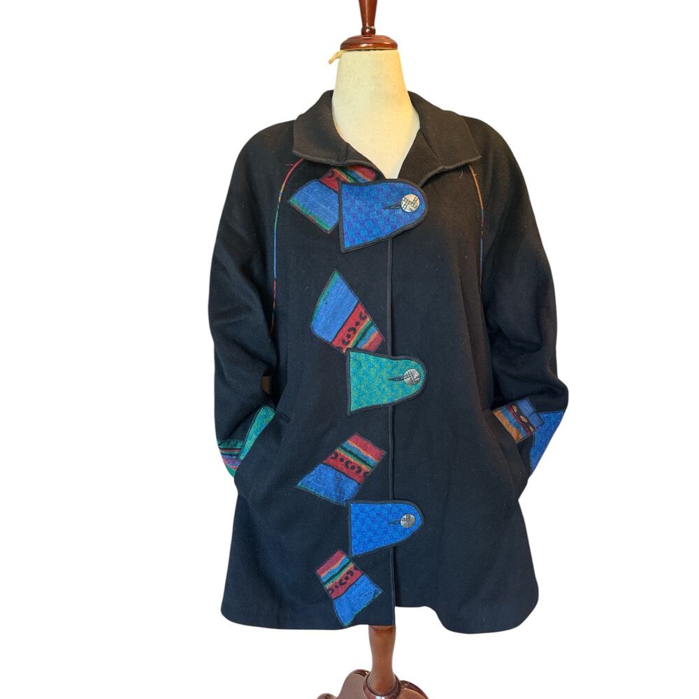 Vintage CB Wraps Wool Blend Coat | Black Colorblock Patchwork Statement | Size M